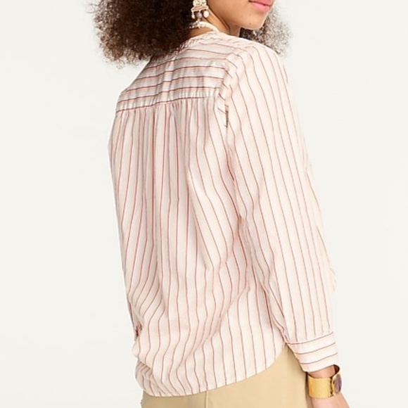 J crew vneck cotton poplin long sleeve popover ivory peach stripe - Picture 2 of 7